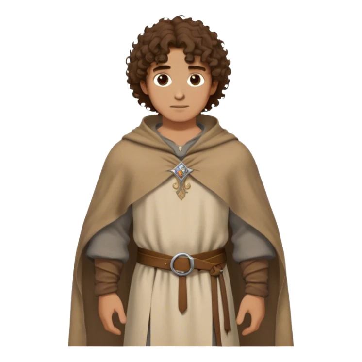 medieval outfit worn by a DnD themed fantasy character. basic linen tunic with a thick wool poncho draped over the shoulders. clothes only above the waist. The clothes full waist. The character's haven't arms. character is curly brown hair brown eyes medium-length hair tan-skinned man. sticker