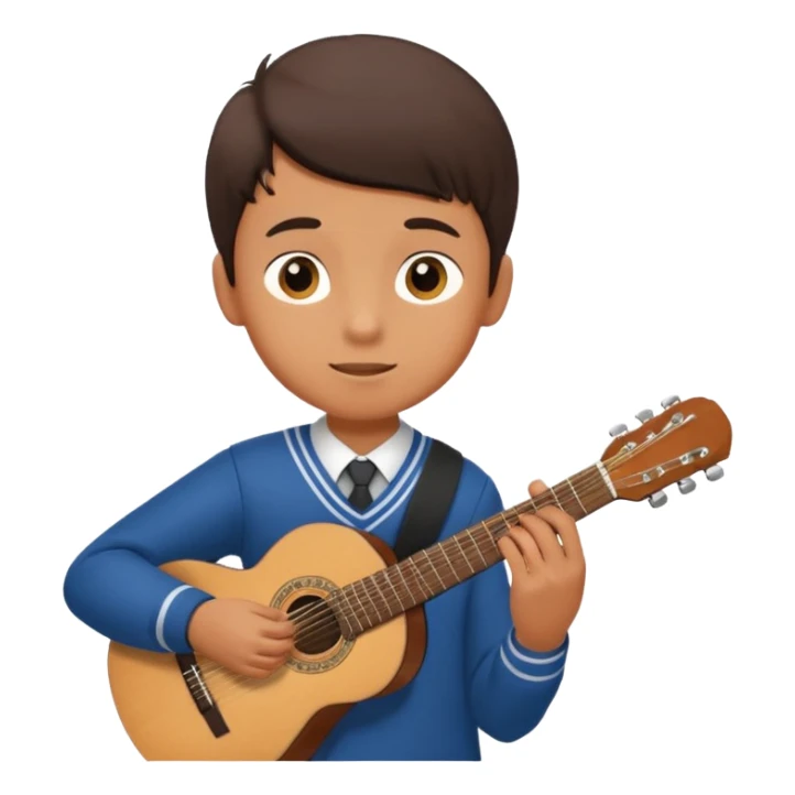 Teen boy – wearing school uniform, holding classical guitar, practicing chords. sticker