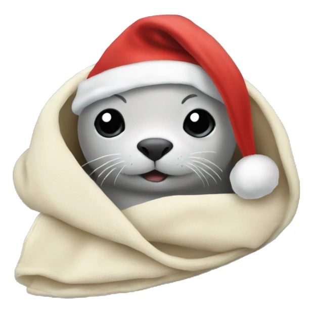 Baby seal in a blanket wearing a Santa hat sticker