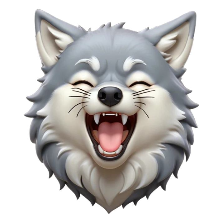 Cinematic Cute Yawning Wolf Portrait Emoji, Head tilted slightly with a dramatic, wide-open yawn, showcasing a smooth grey and white Fur with drooping ears, round eyes barely open in drowsy contentment, Simplified yet irresistibly adorable features, highly detailed, glowing with a soft, cozy glow, high shine, relaxed yet expressive, stylized with a touch of wild whimsy, bright and endearing, soft glowing outline, capturing the essence of a sleepy yet affectionate wolf, so drowsy it feels like it could stretch out of the screen and curl up for a nap! sticker