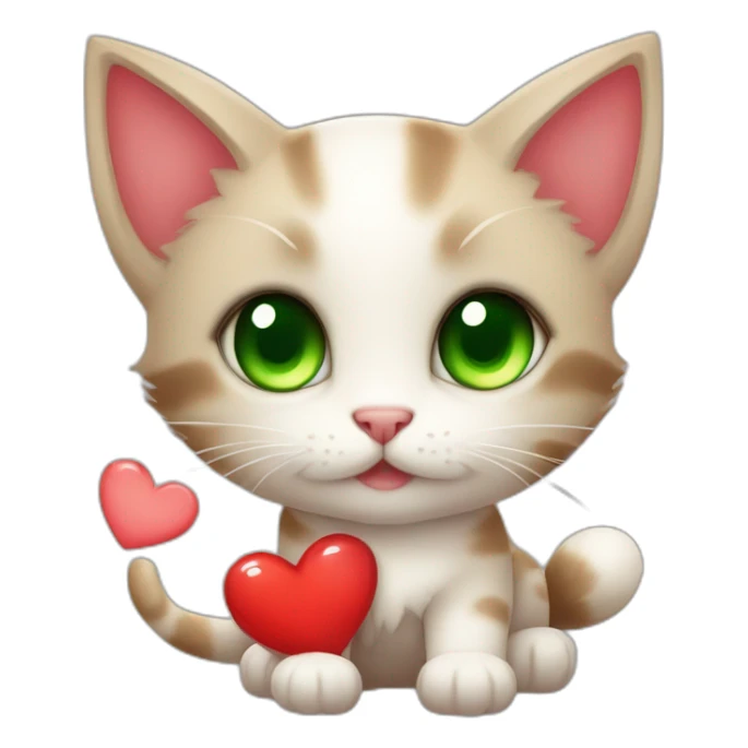 Super cute kitten with green anime eyes holding red hearts sticker