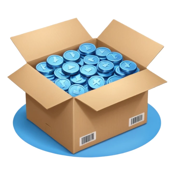 blue coins in a cardboard package sticker