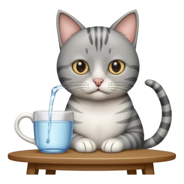 A gray striped cat sitting at a table drinking water from a mug sticker