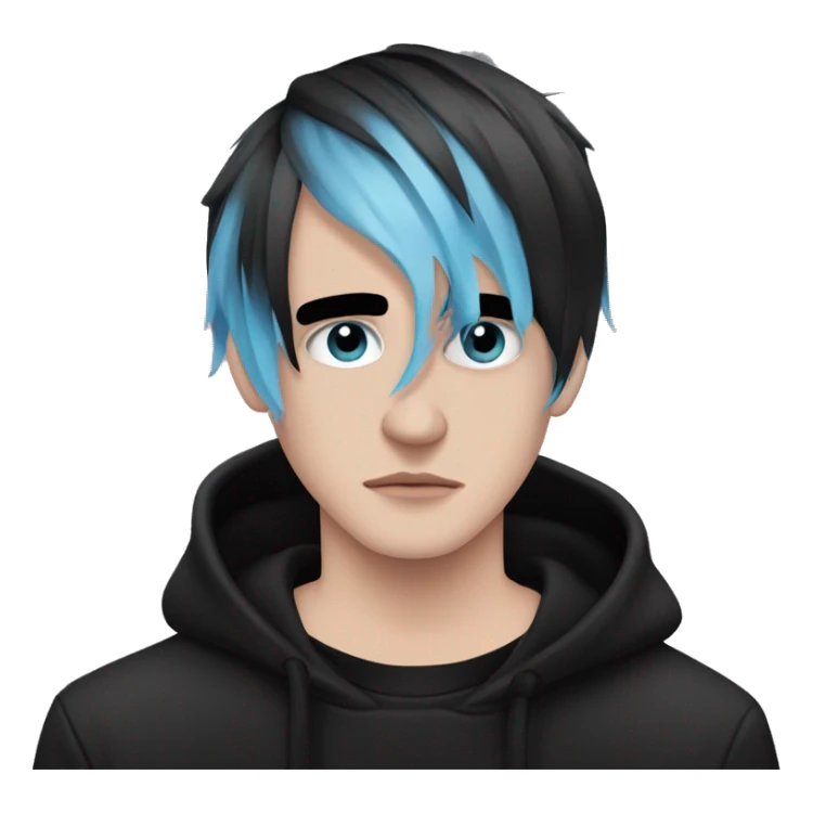 Create an emoji of an emo guy with split-dyed hair (one side pastel pink, the other side pastel blue), wearing black clothes and a subtle sad expression, inspired by the style of Lil Peep. sticker