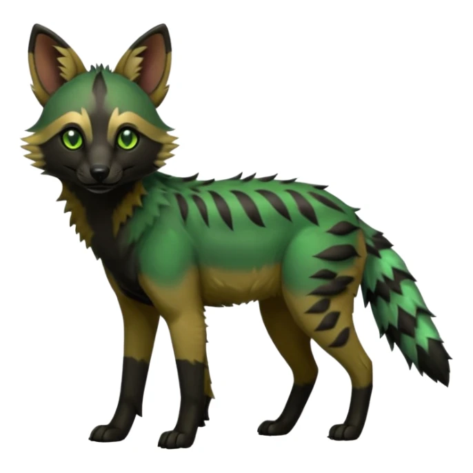 Cute realistic edgy cool Shiny Green Colorful Dusky Dark Gloomy Glossy Aardwolf-Maned-Wolf-Bobcat-fusion-animal-hybrid-creature, full body sticker
