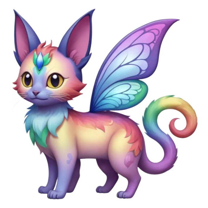 White pastel iridescent rainbow-gradients-color-marked with swirly patterns butterflies  faerie-Noivern-Noibat-Purloin-Torracat-Lykoi-Caracal-cat-Fakemon-fusion-hybrid-creature sticker