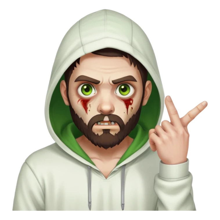 zombie pointing finger, undercut hairstyle with dark brown hair, short full beard, heterochromia with one green eye and one brown eye, wearing plain white hoodie with hood up sticker