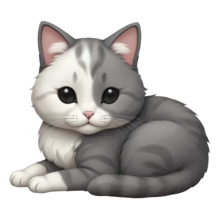 dark grey and white small cat with his eyes closed, leaning his head on his paw while leaning on his elbow lying down sticker