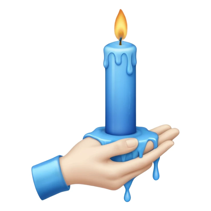 A blue candle held by a hand only not a person, at 45 degree angle, wax dripping down sticker