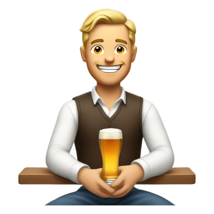 A happy white guy on a barstool looking at a phone and drinking a beer sticker