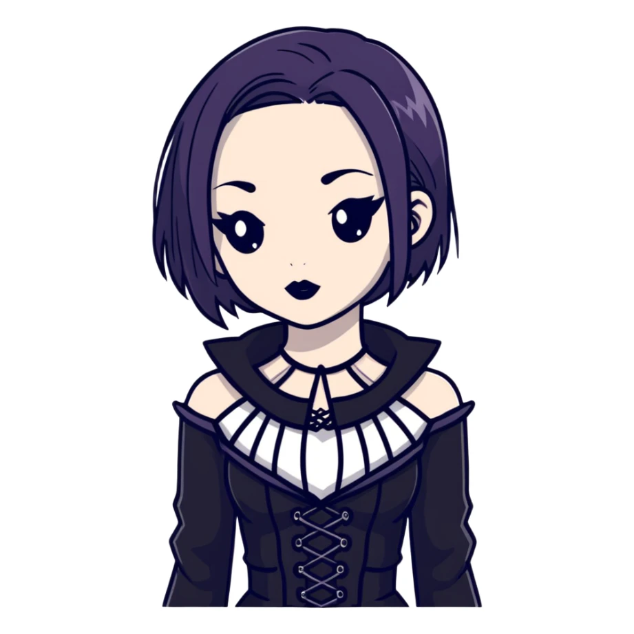 gothic girl with wide shoulders, small chest, dark makeup, black clothing sticker