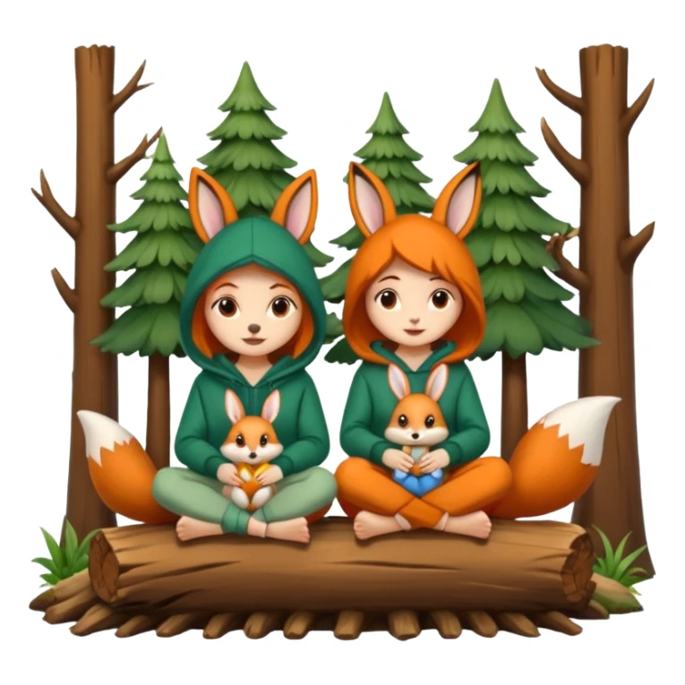 two forest women with cute fox and rabbit hoodies sitting together on log sticker