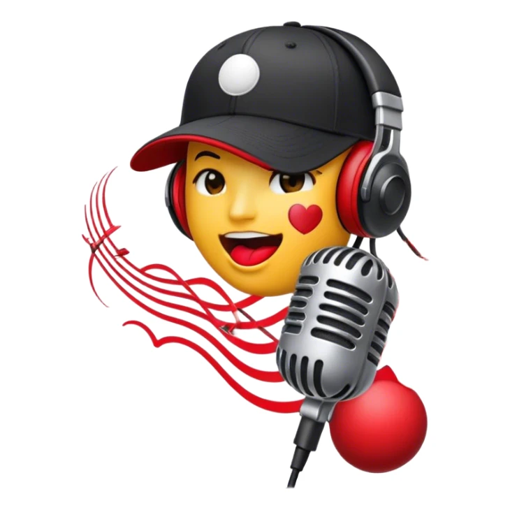 Create a dynamic and energetic emoji that represents beatboxing. The design should feature a stylized microphone with lips and sound waves emanating from it and baseball cap on it, symbolizing vocal percussion and rhythm. Add elements like headphones or a subtle speaker to emphasize the music production aspect. Use bold colors like black, white, and red to convey the intensity and creativity of beatboxing. The background should be transparent. sticker