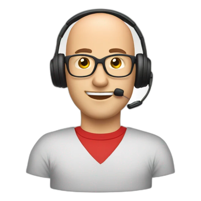 customer service bald man with headset with red t-shirt sticker