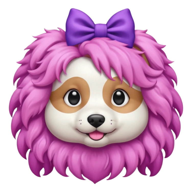 dog with pink long curly hair and purple bow on head sticker