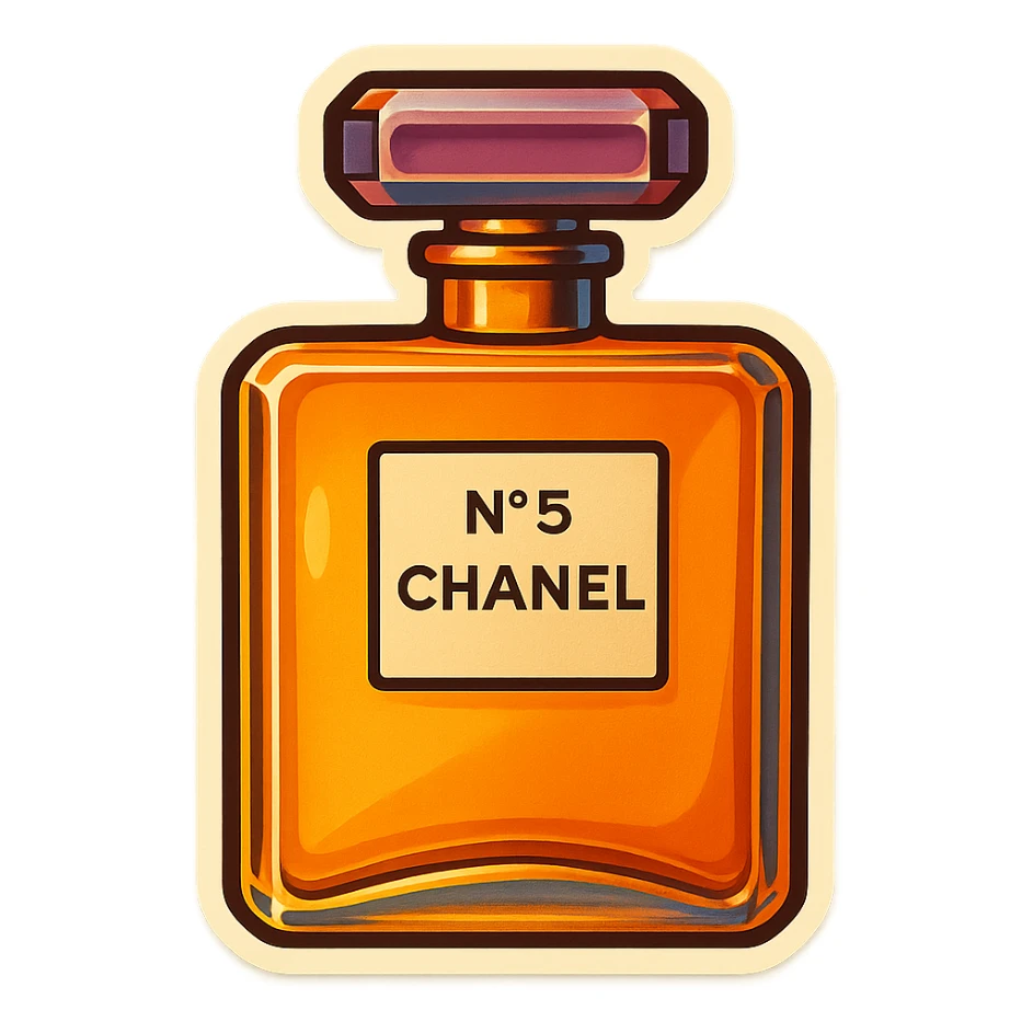 Chanel perfume bottle in retro sticker style, bold outlines, vintage color palette sticker