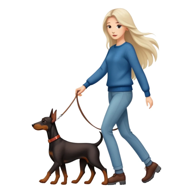 A beautiful long-haired white woman wearing a sweater walking a Doberman sticker