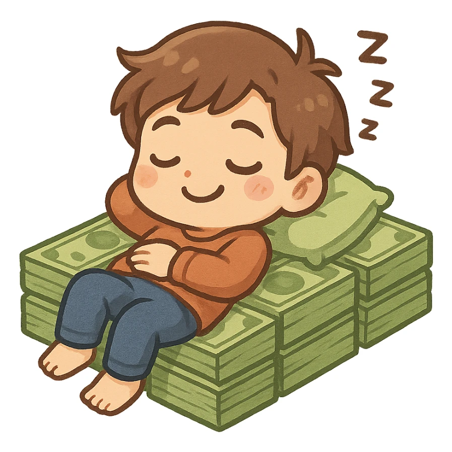 happy person napping on mattress of money sticker