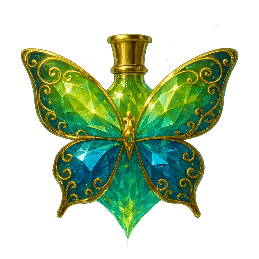 luxurious crystal butterfly-shaped bottle with short gold neck (no crown), green (#c0ff53) and blue colors, more glowing, ornaments, decorations, magical effects, golden details, premium class, transparent background, beautiful merging bottom, bottle clearly floating in the air, no base or shadow, very similar to original. sticker