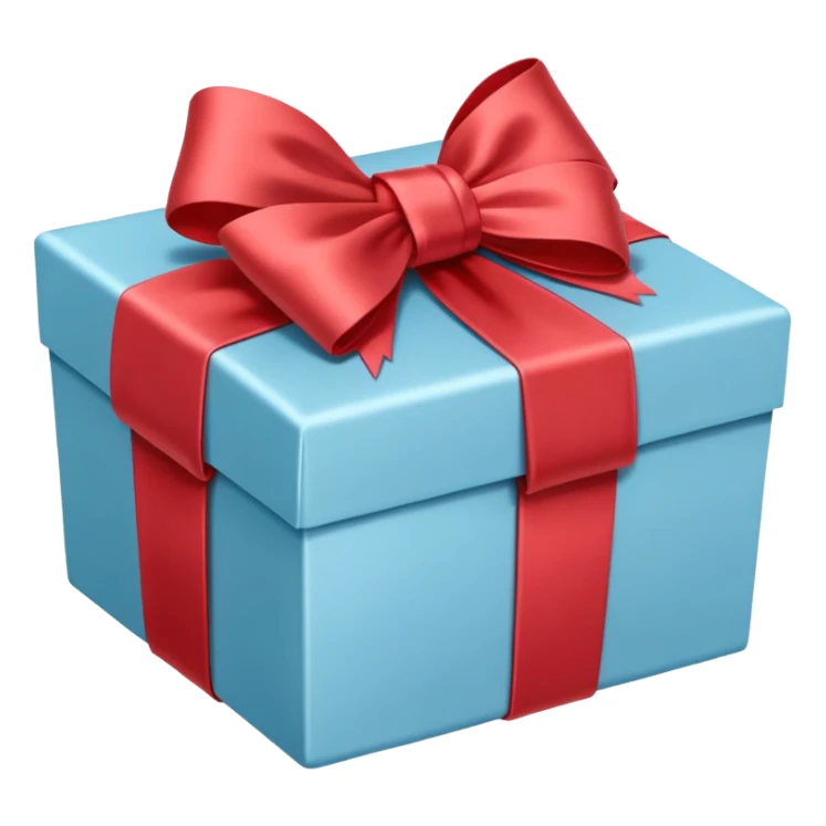 The box is pale blue with a pale red bow sticker