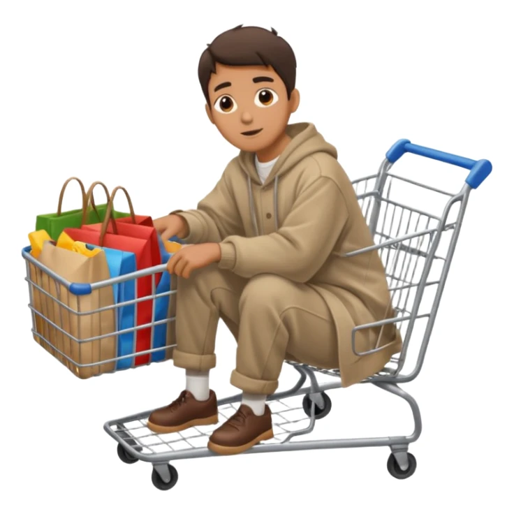 A man in oversized second-hand clothes, sitting beside a shopping cart of items, looking around with soft hopeful eyes.
 sticker