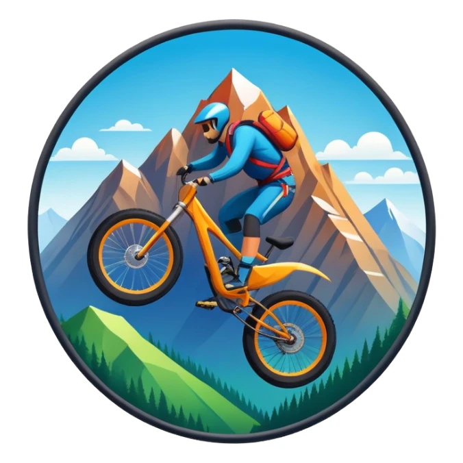 A bold, dynamic emblem combining elements of extreme sports like a mountain, a bike, and a parachute, all within a circular or shield-like shape. The design conveys speed, adventure, and adrenaline, with sharp lines and vibrant colors representing the thrill and intensity of extreme sports. sticker