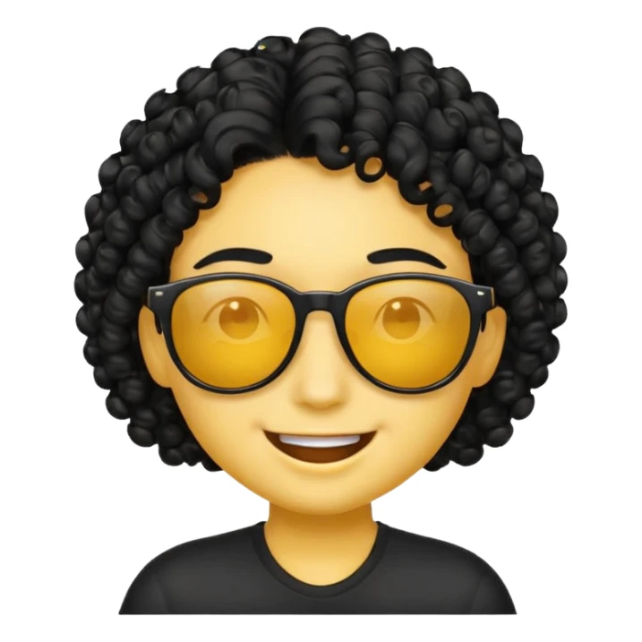 Realiza un emoticon amarillo sonriente, con lentes oscuros y cabello rizado negro sticker