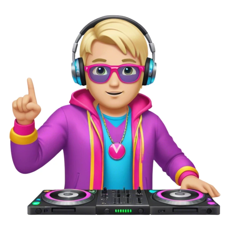blond big man in colorful dj outfit pointing to front sticker