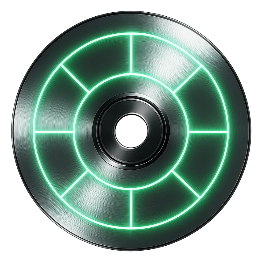 A minimalist CD disc with geometric pattern, glowing effect, green color, chrome style. sticker