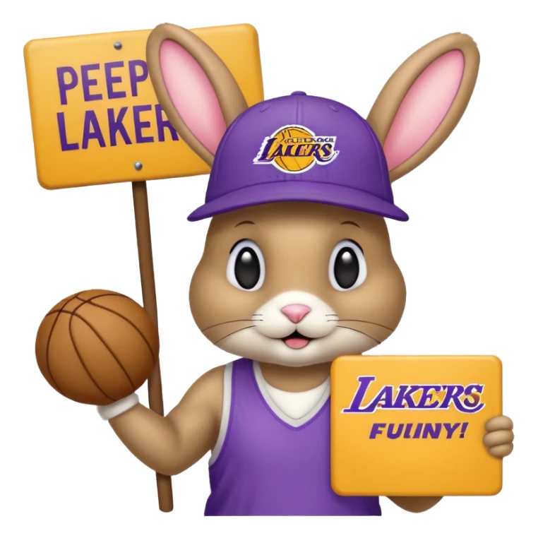 A tanish bunny with a Lakers hat and a sign that says "peewee" sticker