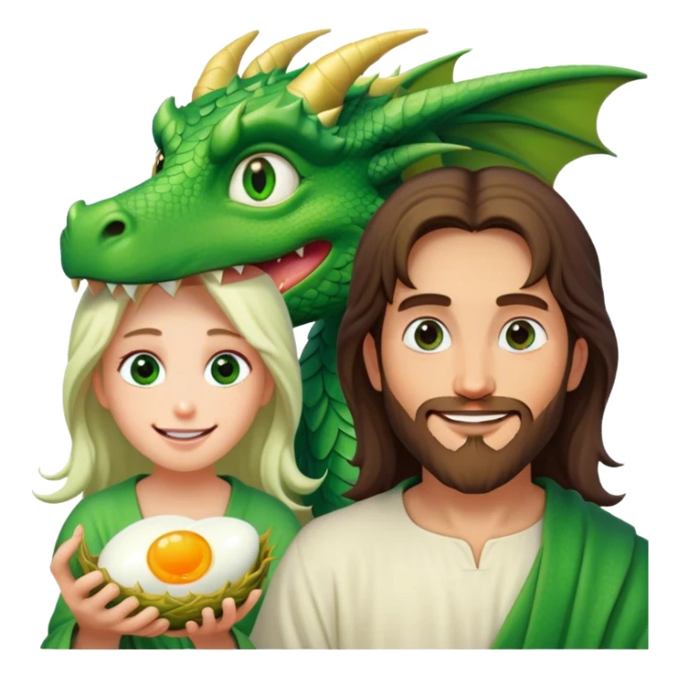 Jesus with a smile and an eye twitch next to a dragon eating eggs sticker