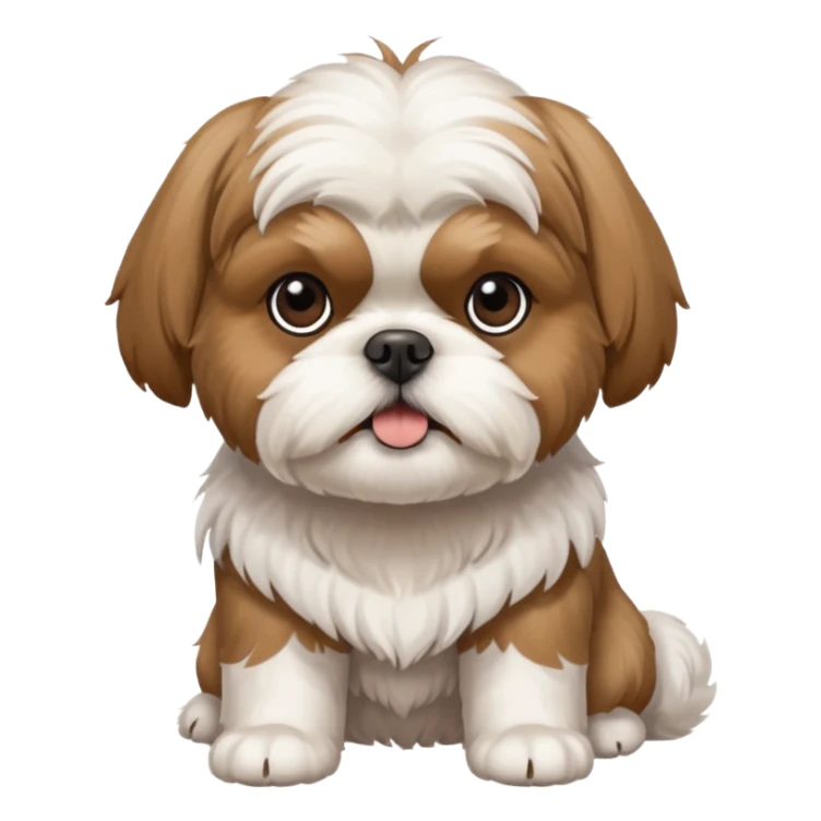 A standard shih tzu that is mostly white b ut ha b s a light brown dot on its second leg it has brown ears but has some black on the bottom of the ears sticker