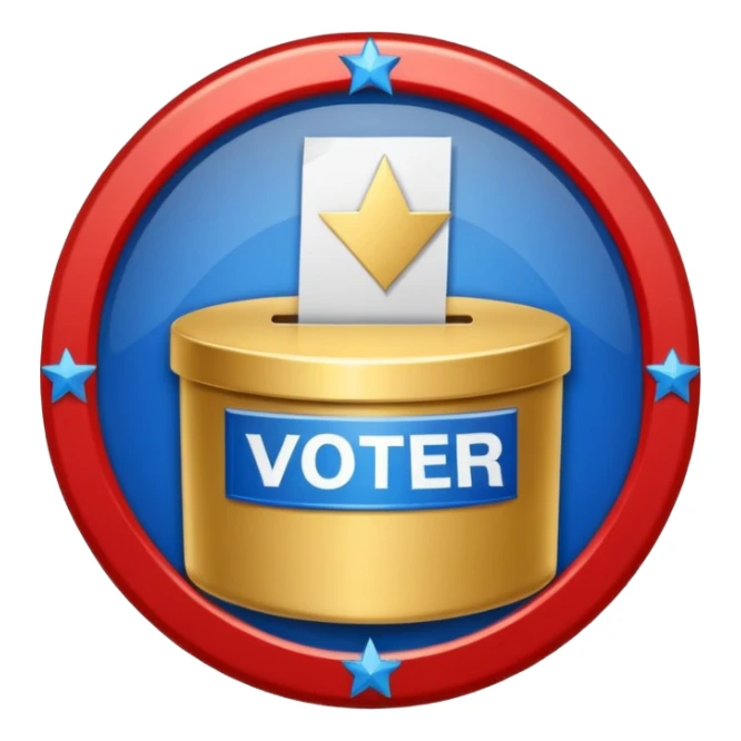 circular achievement style badge for first voter featuring a ballot box and a classy border sticker