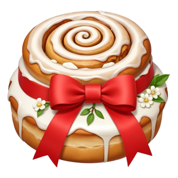 A cinnamon roll , white flowers bouquet with red ribbon and cute white bow sticker