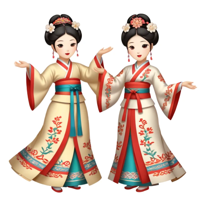 Cinematic Realistic scene of two performers engaging in Ganggangsullae, dressed in traditional Korean costumes with intricate patterns and graceful movements, illuminated by soft, festive lighting that accentuates the cultural ambiance sticker