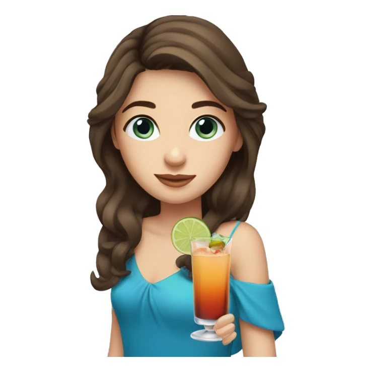 Girl with Brown hair and blue eyes holding a cocktail sticker