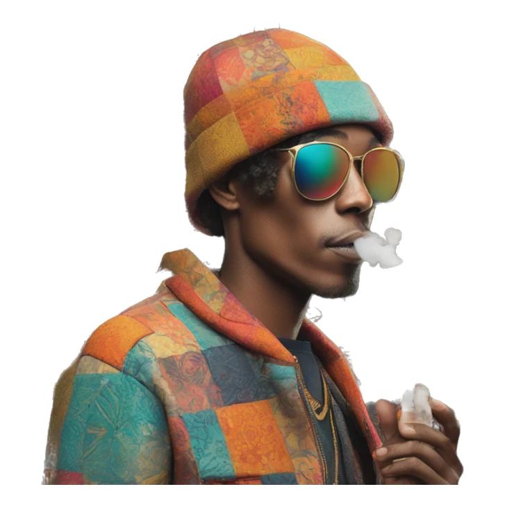 Person vaping wearing a colourful patchwork of intricate vintage patterns, vape sticker