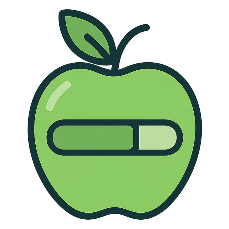 logo for a calories tracker app, flat icon style, green color scheme, stylized apple with a progress bar sticker