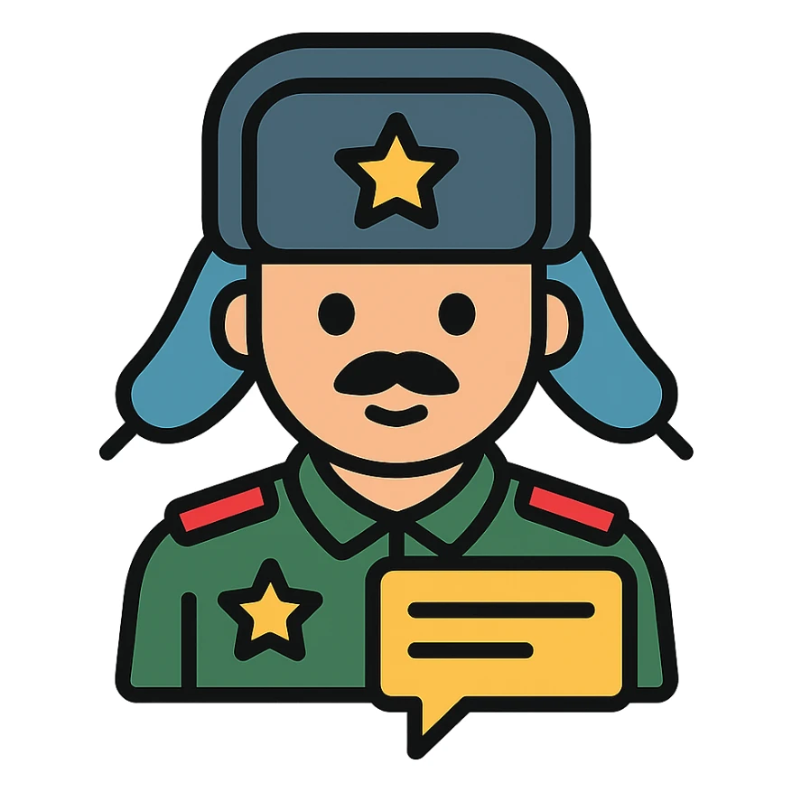 military blogger from Russian army wearing an ushanka hat sticker