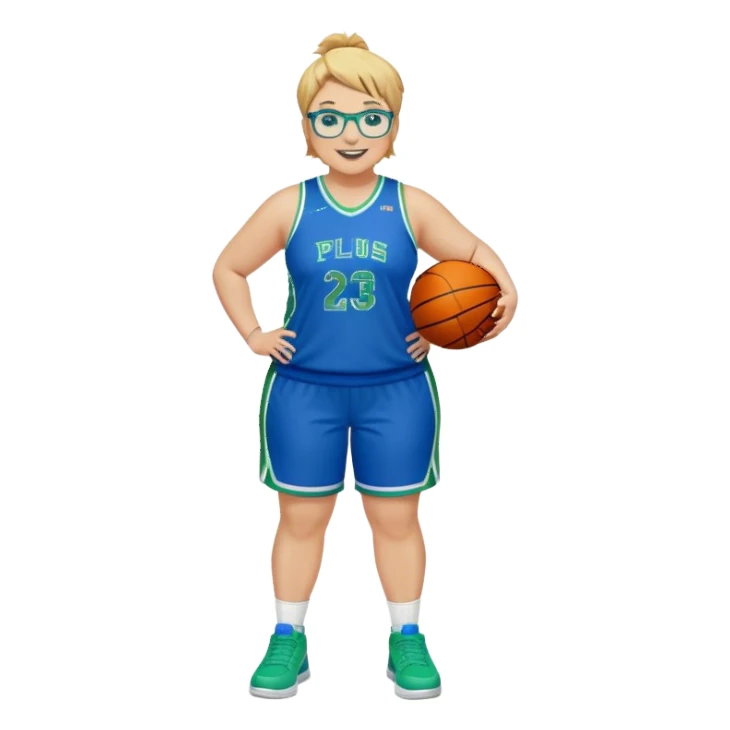 Full Body plus size white female basketball player with medium brown with blond hair with short spike hair wearing blue glasses 
With a small wide nose wearing blue green uniform  green sneakers smiling wearing silver hoop earring  sticker