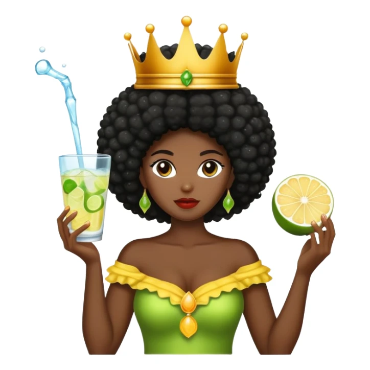 Quiero un emoji que represente que me estoy tomando mi vinagre de manzana con agua, hielo y limón. Soy una mujer negra de cabello afro, piel oscura y te fo una corona de reina en la cabeza sticker