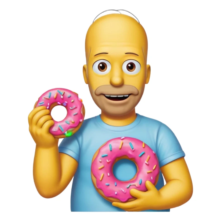 Homer Simpson smiling and holding a pink frosted donut, bright colors, simple background sticker