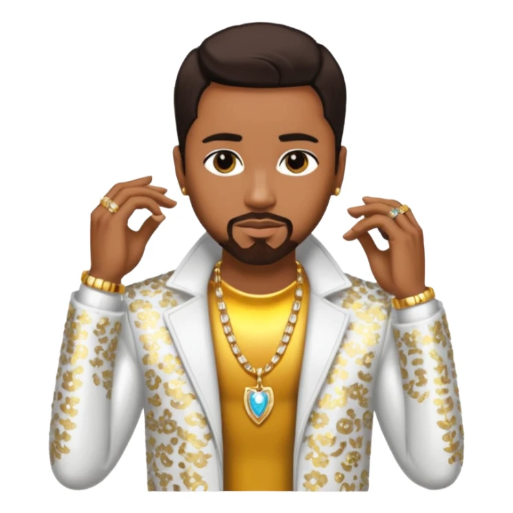 Teddy Riley with dark brown hair, white sequin jacket, shirtless with necklace sticker