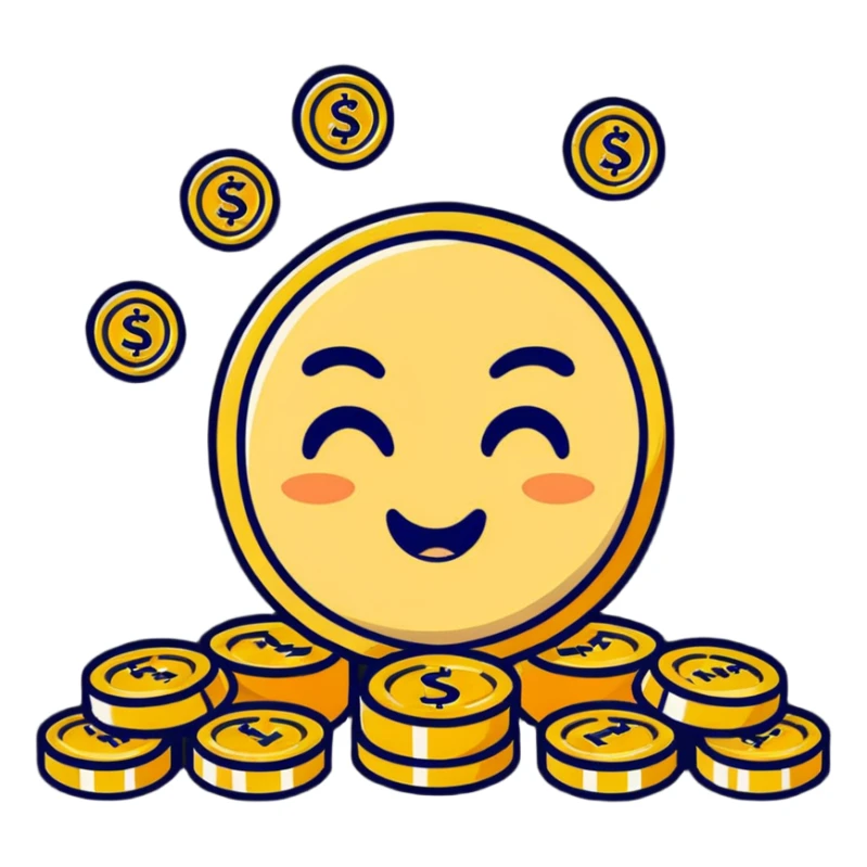 silly face with exaggeratedly large piles of gold coins, fun and excessive sticker