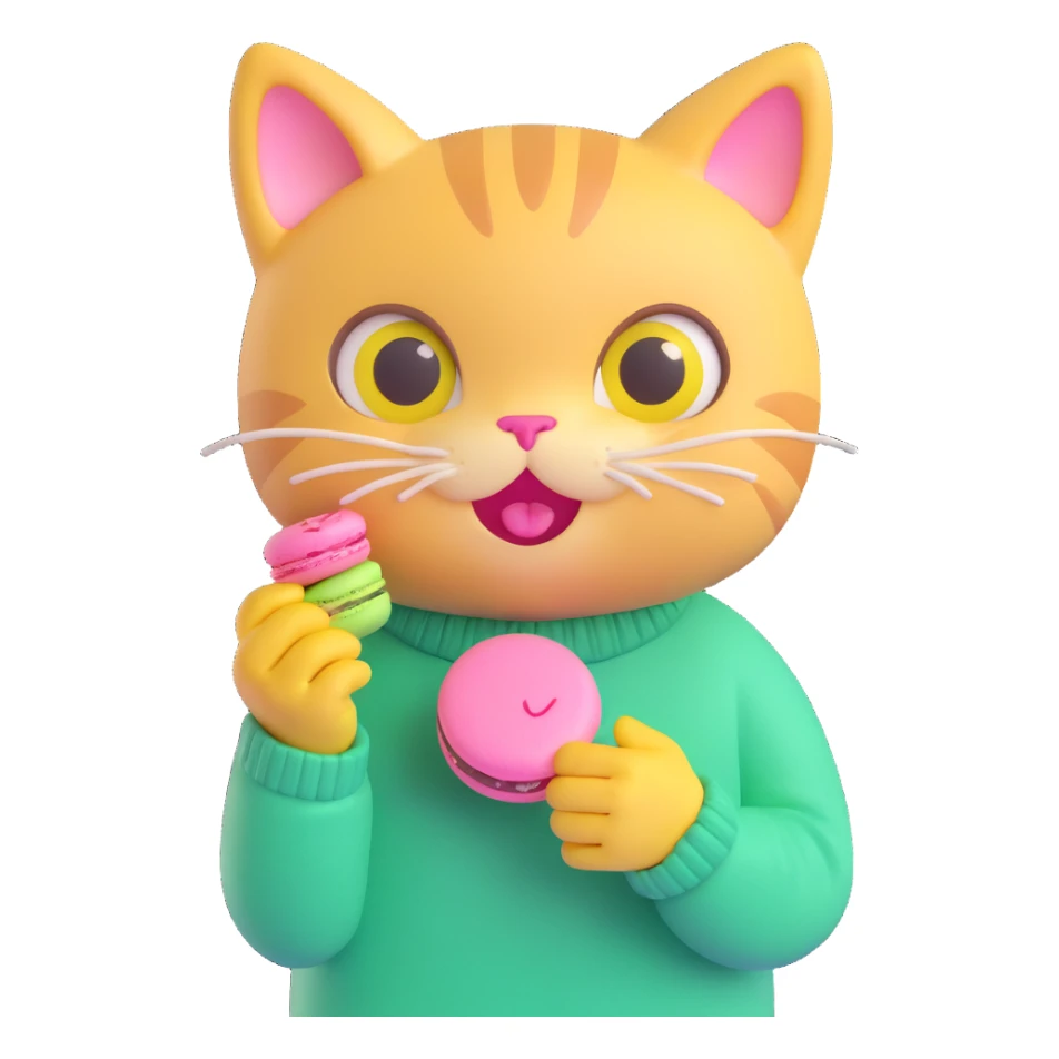 cute cat with big eyes, wearing a green sweater with yellow smiley faces, holding a pink macaron, soft and shiny, inspired by Apple emoji aesthetics, 3D iOS style emoji, variation 1 sticker