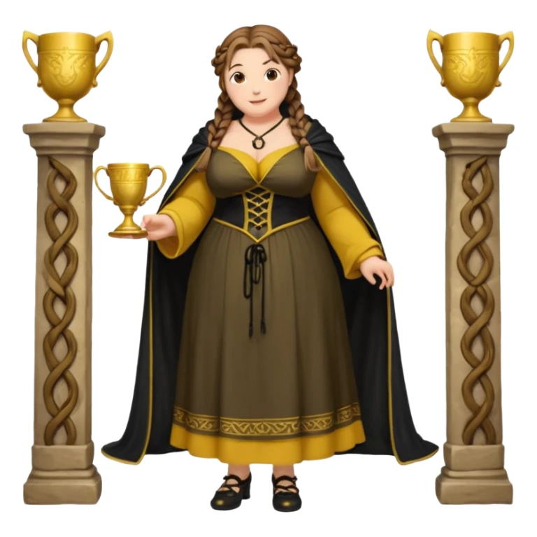Helga Hufflepuff,brown-haired,2 braids,yellow-black medieval open dress,deep neckline,fat macromastia,black cloak decorated with gold braiding,gold cup with two handles,very kind smile,curvy busty sweet woman,round rosy cheeks,full length with medieval shoes sticker