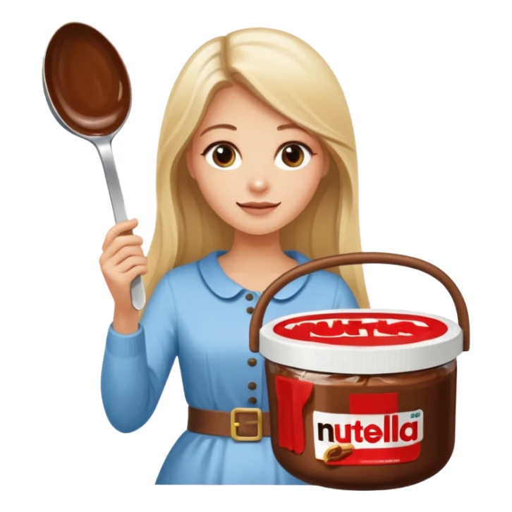 Nutella with a spoon. The glas of Nutella is almost empty . Next to the Nutella is the head of a blond woman who is looking forward to eat the Nutella. The hair of the woman needs to be longer. She is holding a big carriage of Nutella in her right hand and a oversized spoon in the other  sticker