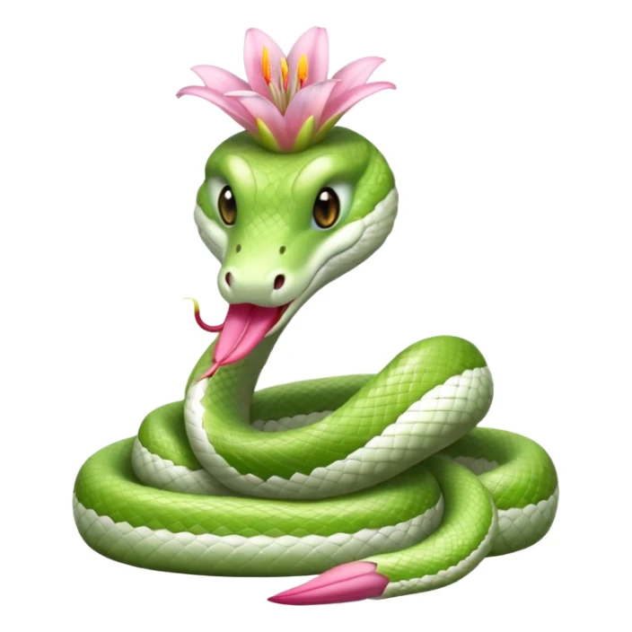 A cute, friendly, fluffy, light green and white snake
with a pink lily flower on its head
(no sting) sticker