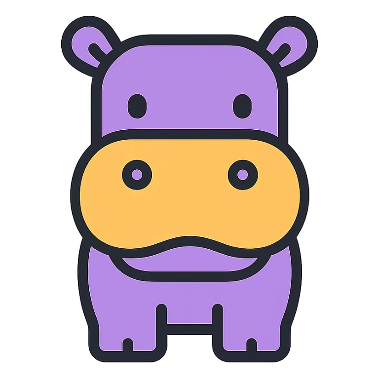 hippo, lineal color icon with black outlines, simple and modern sticker