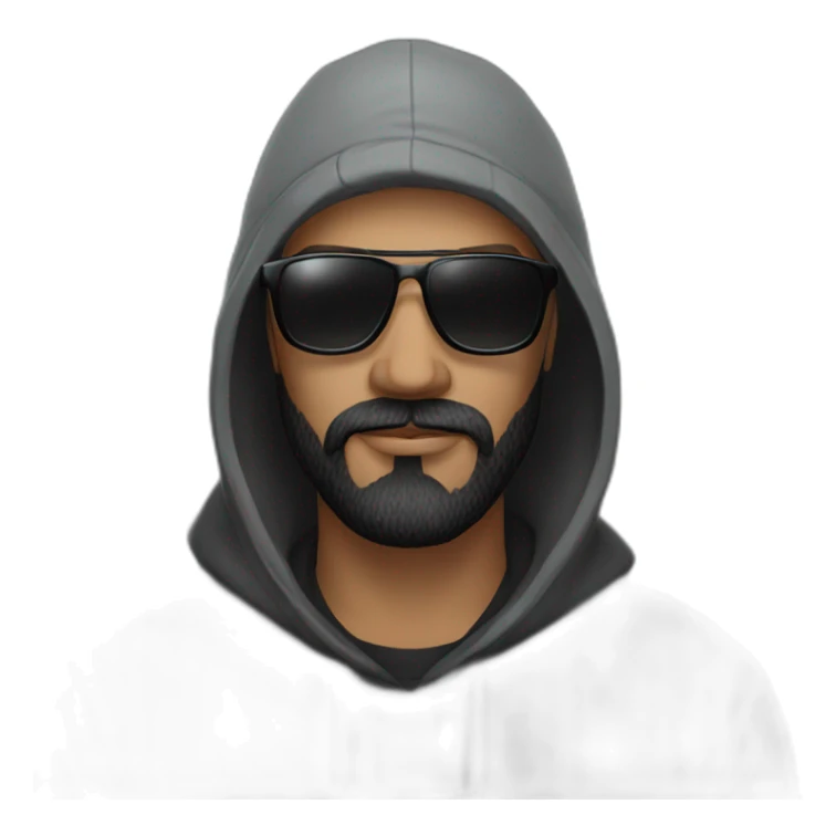 a man with black beard, gray Beanie, black sunglasses, that wears a black hoodie sticker